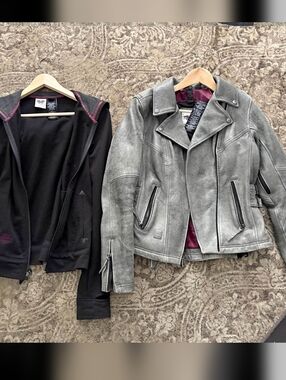 Harley-Davidson Distressed Gray Leather Moto Jacket with Maroon Lining